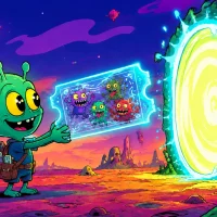 An alien organizer holds a transparent ticket containing fee creatures beside a glowing portal.