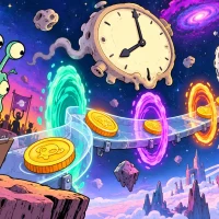 An alien organizer watches coins travel through portals toward a bank, illustrating ticket payout timing.