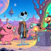 Alien guests present QR tickets to a cheerful attendant at a glowing event portal.